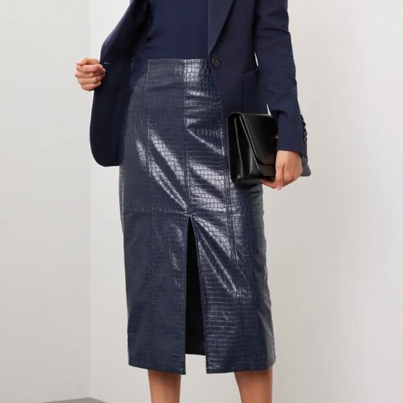 Tanya Taylor Blue Faux Leather Pencil Skirt Size 6 Croc Embossed Designer $425 - Picture 3 of 13